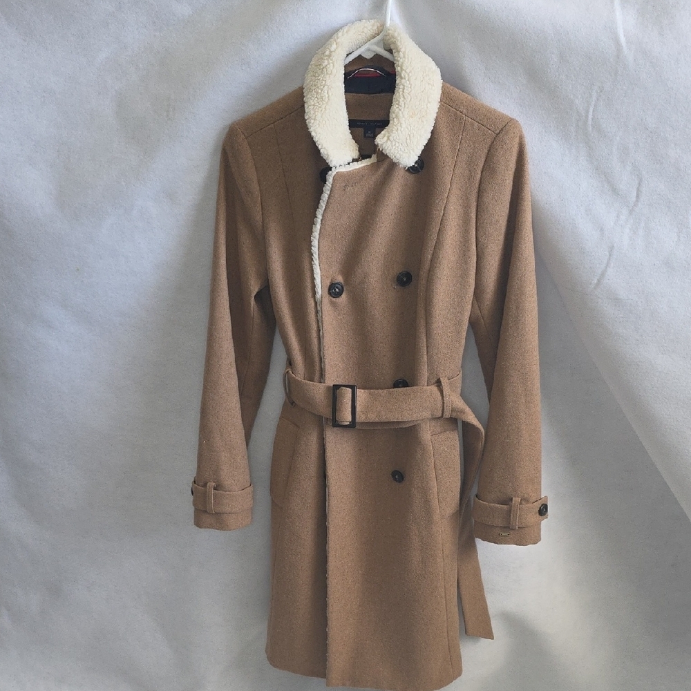 New Tan Wool Coat with Shearling Collar